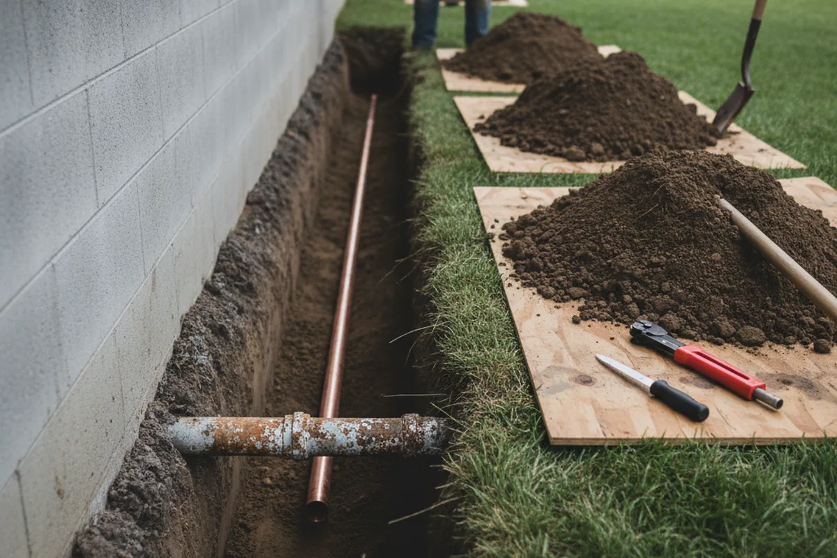 Excavated water line trench during Sewer Line Repair in Old Lyme